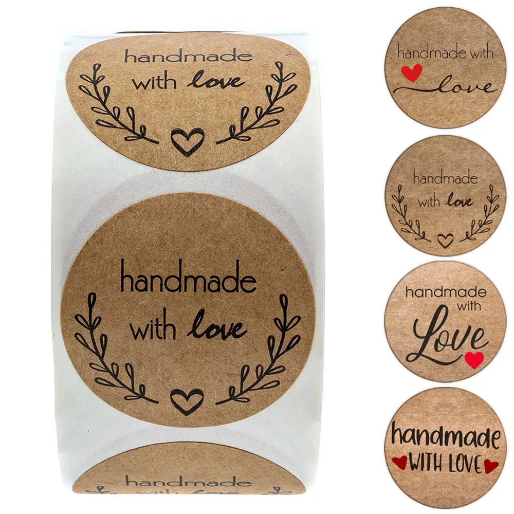 100 - 500pcs 1inch Vintage Kraft Paper Handmade With Love Stickers for Package Thank You Stationery Adhesive Labels Baking Seals - Ammpoure Wellbeing
