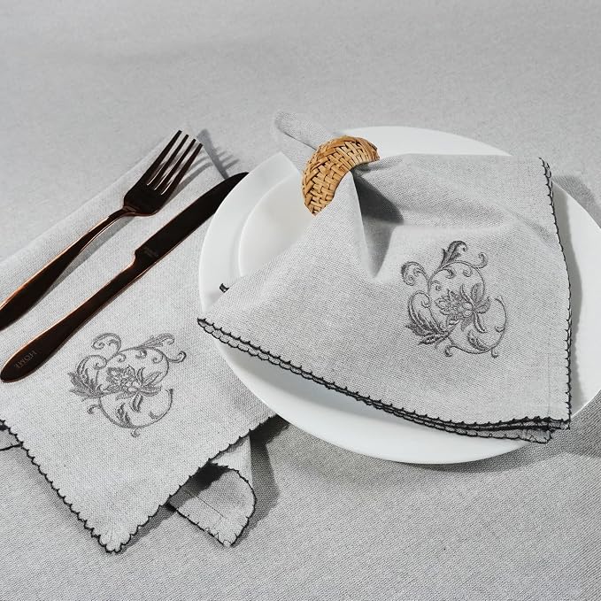 100% Cotton Embroidered Cloth Napkins – Set of 6 Large 46 x 46 cm | Soft, Absorbent Dinner Napkins for Dining Table & Kitchen | Grey Lily - Ammpoure