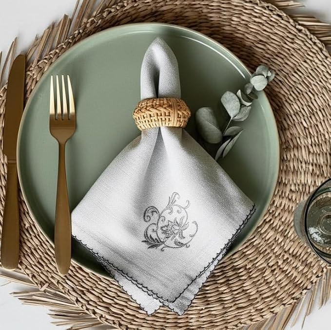100% Cotton Embroidered Cloth Napkins – Set of 6 Large 46 x 46 cm | Soft, Absorbent Dinner Napkins for Dining Table & Kitchen | Grey Lily - Ammpoure