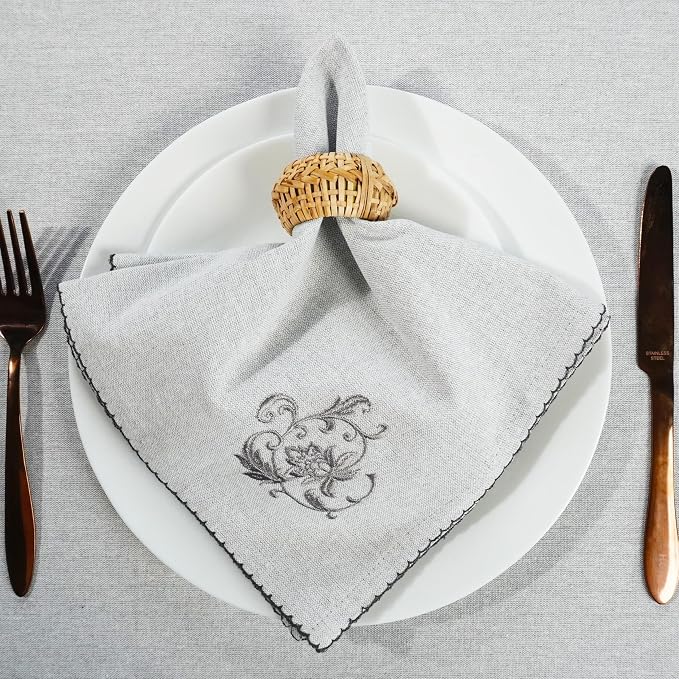 100% Cotton Embroidered Cloth Napkins – Set of 6 Large 46 x 46 cm | Soft, Absorbent Dinner Napkins for Dining Table & Kitchen | Grey Lily - Ammpoure
