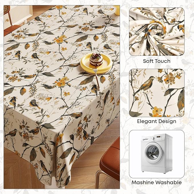 100% Cotton Table Cloth for 6 Seater Dining Table, Printed Rectangular Table Cover for Centre Table, 152.4 cm x 228.6 Centimeters (Birdie Bliss, 6 Seater) - Ammpoure