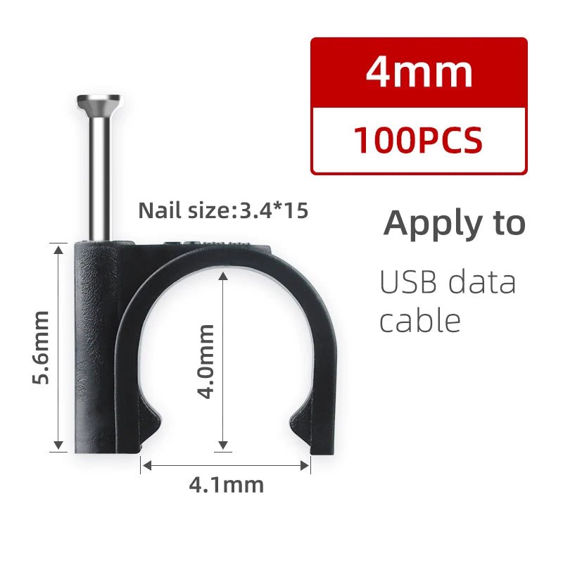 100PCS Round Cable Wire Clips Canada 4mm 6mm 8mm 10mm Cable Management Electrical Cord Holders Wall Nail Clips Black - Ammpoure