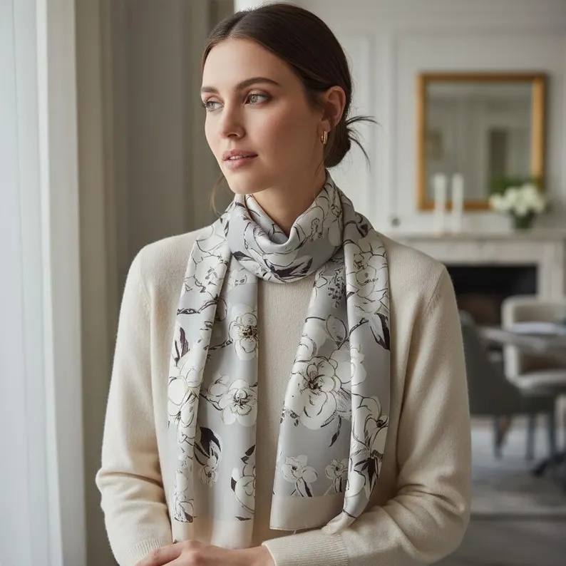 Luxury Silk Scarf, Hand Painted Ivory Floral Wrap, Sheer Magnolia Womens Scarf Gift, Lightweight Elegant Scarf for Her
