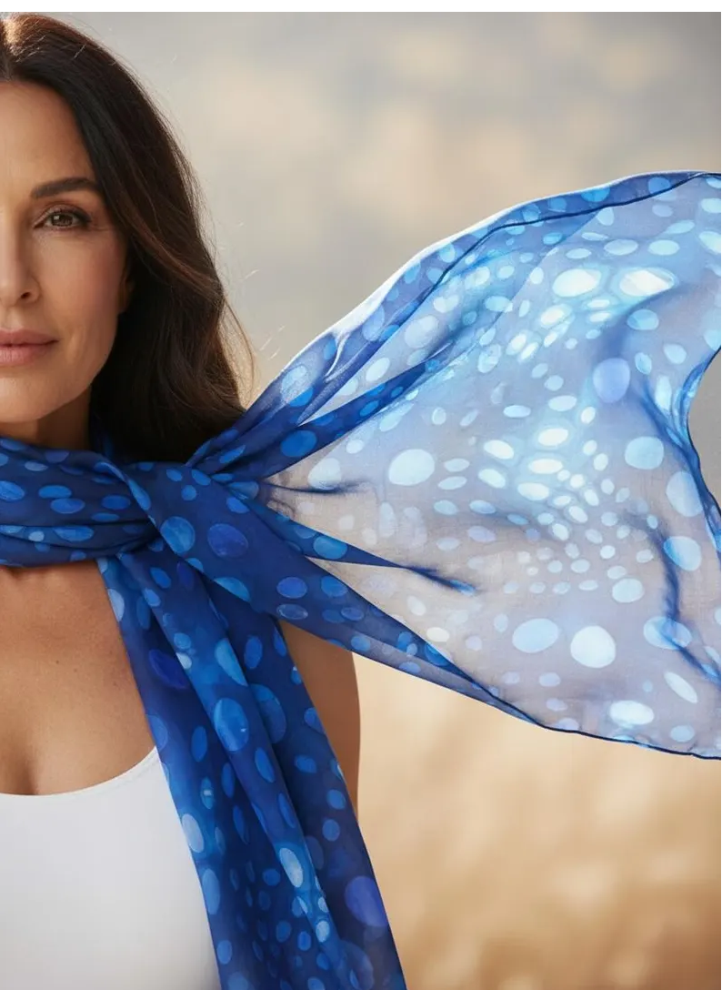 Luxury Silk Scarf, Hand Painted Sapphire Blue Wrap, Abstract Pebble Womens Scarf Gift, Lightweight Elegant Scarf for Her