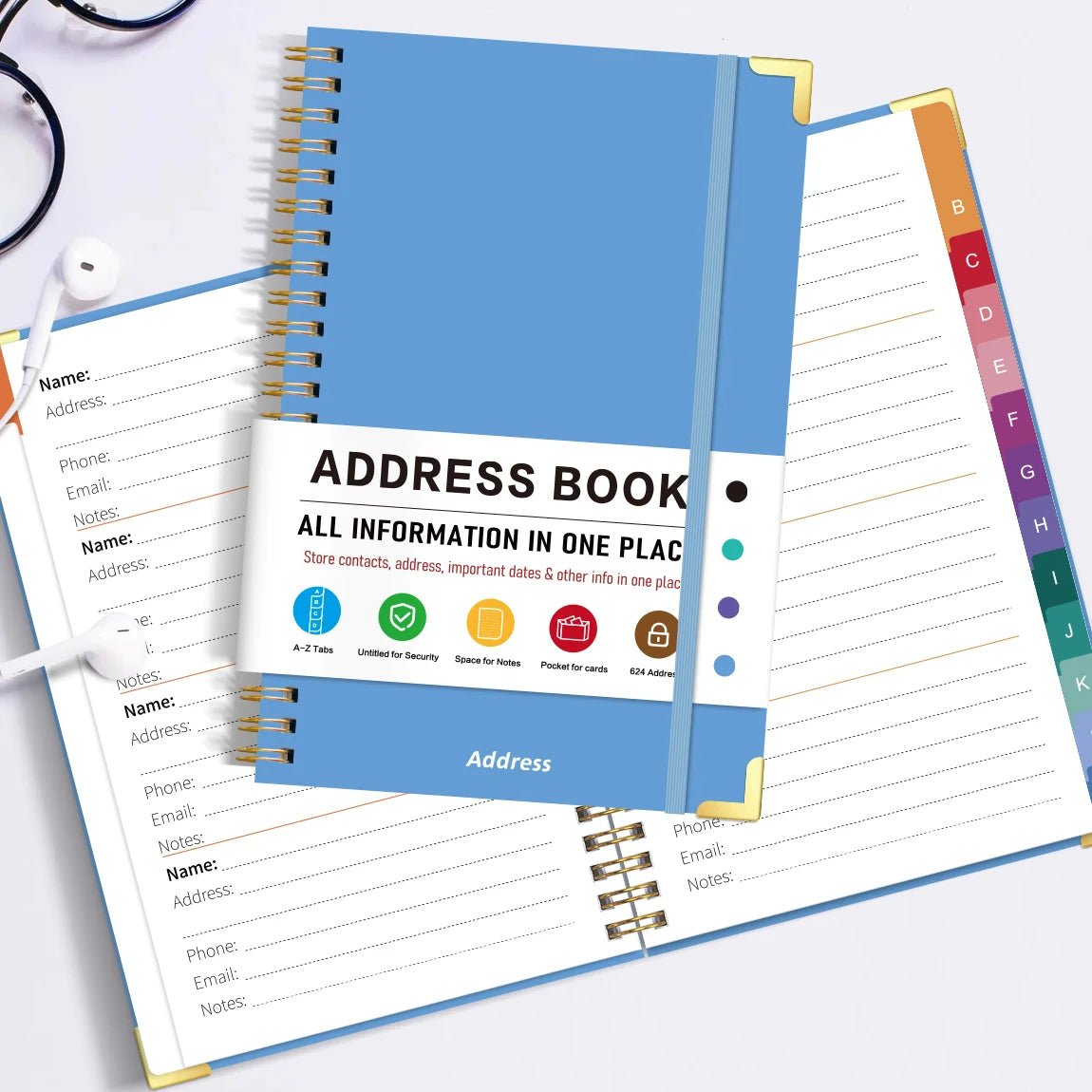 1PC Blue A5 Address Book USA Spiral Hardcover Contact Keeper with A-Z Tabs, Elastic Closure, Pocket & Notes Pages - Ammpoure