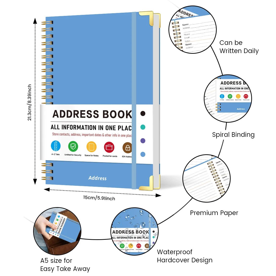 1PC Blue A5 Address Book USA Spiral Hardcover Contact Keeper with A-Z Tabs, Elastic Closure, Pocket & Notes Pages - Ammpoure