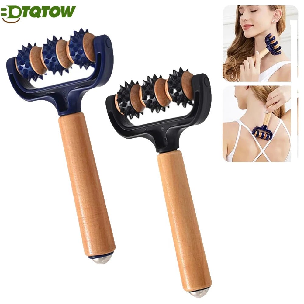 1pcs Wooden 3 Wheeled Handheld Massage Roller Tool, Ergonomic Design, Lightweight and Compact for Home,Office,or Travel,All Ages - Ammpoure
