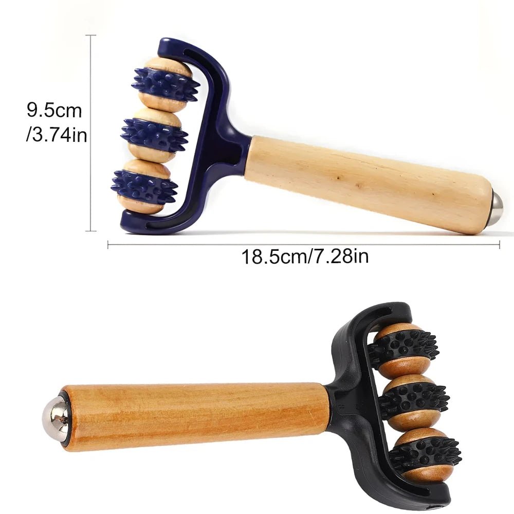 1pcs Wooden 3 Wheeled Handheld Massage Roller Tool, Ergonomic Design, Lightweight and Compact for Home,Office,or Travel,All Ages - Ammpoure