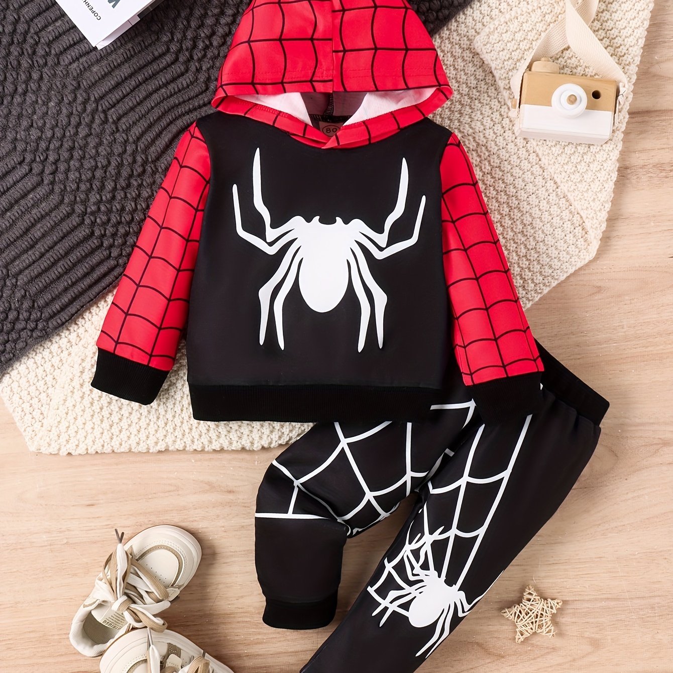 2pcs Boy's cartoon Spider Print Hooded Thin Outfit, Web Pattern Thin Hoodie & Pants Set, Kid's Clothes For Spring fall, As Gift - Ammpoure Wellbeing