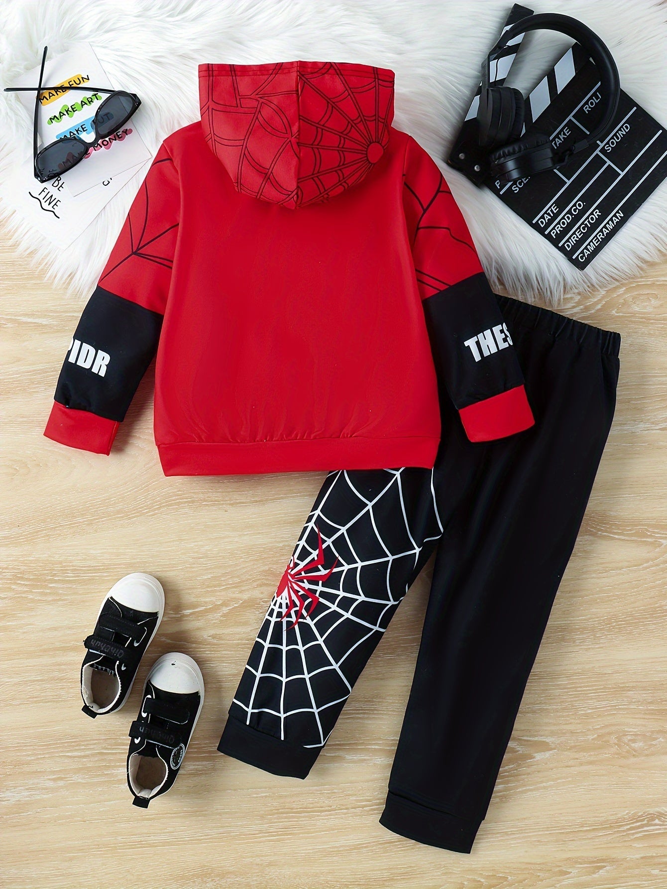 2pcs Boy's cartoon Spider Print Hooded Thin Outfit, Web Pattern Thin Hoodie & Pants Set, Kid's Clothes For Spring fall, As Gift - Ammpoure Wellbeing