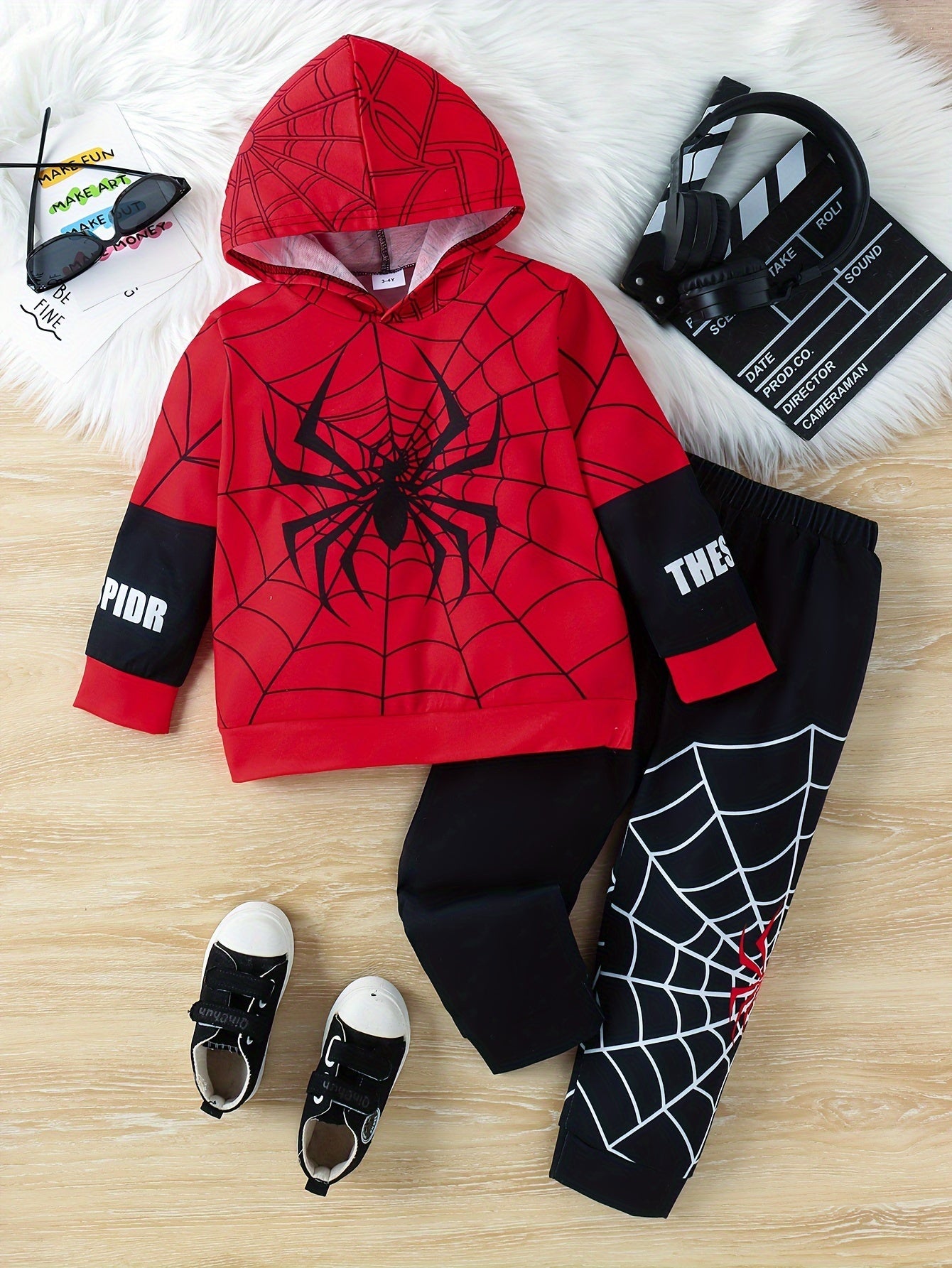 2pcs Boy's cartoon Spider Print Hooded Thin Outfit, Web Pattern Thin Hoodie & Pants Set, Kid's Clothes For Spring fall, As Gift - Ammpoure Wellbeing