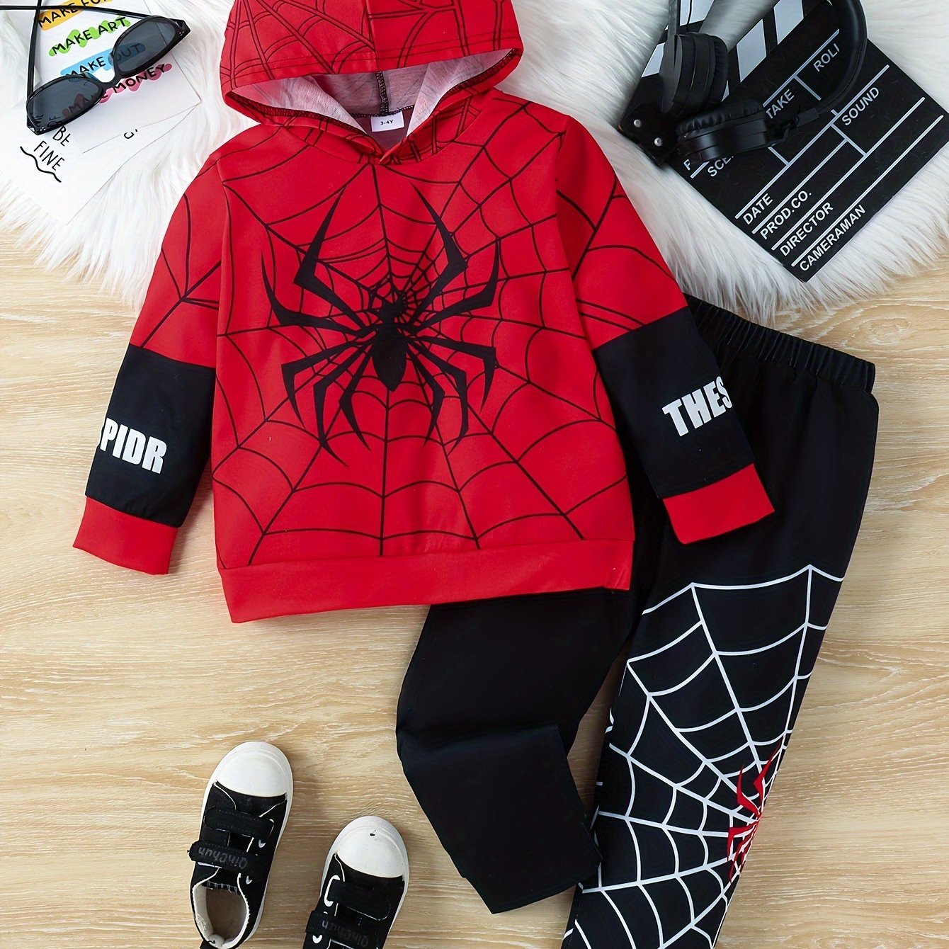 2pcs Boy's cartoon Spider Print Hooded Thin Outfit, Web Pattern Thin Hoodie & Pants Set, Kid's Clothes For Spring fall, As Gift - Ammpoure Wellbeing