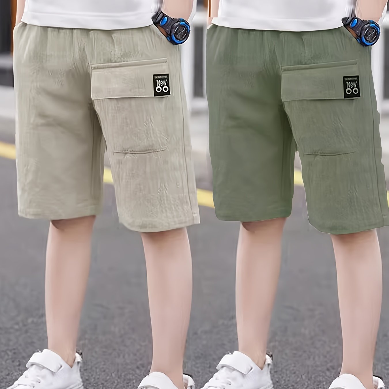 2pcs Boys Ultra - Soft Elastic Waist Solid Cotton Shorts - Trendy & Comfortable, Creative Design for Summer Outdoor Adventures - Ammpoure Wellbeing