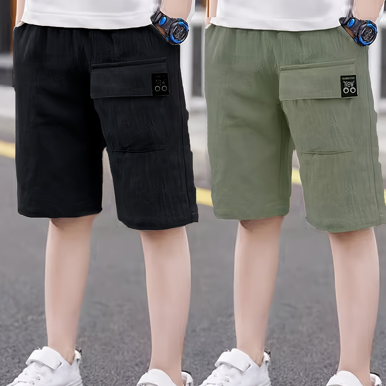 2pcs Boys Ultra - Soft Elastic Waist Solid Cotton Shorts - Trendy & Comfortable, Creative Design for Summer Outdoor Adventures - Ammpoure Wellbeing