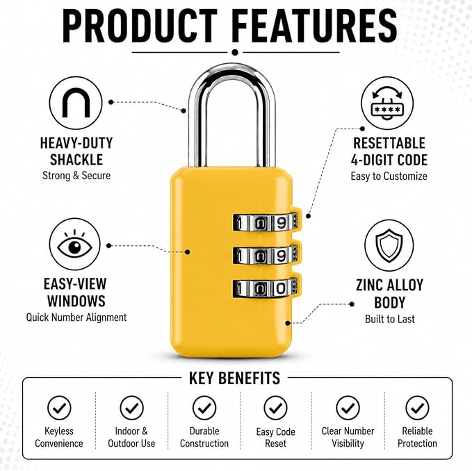 3-Digit Combination Travel Padlock — Resettable Luggage & Suitcase Lock UK (Assorted Colours) - Ammpoure