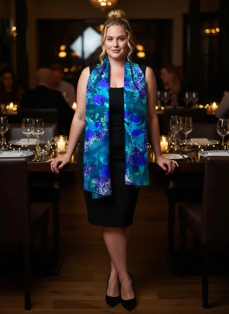 Luxury Silk Scarf, Hand Painted Teal Blue Wrap, Jewel Tone Peacock Womens Scarf Gift, Lightweight Elegant Scarf for Her