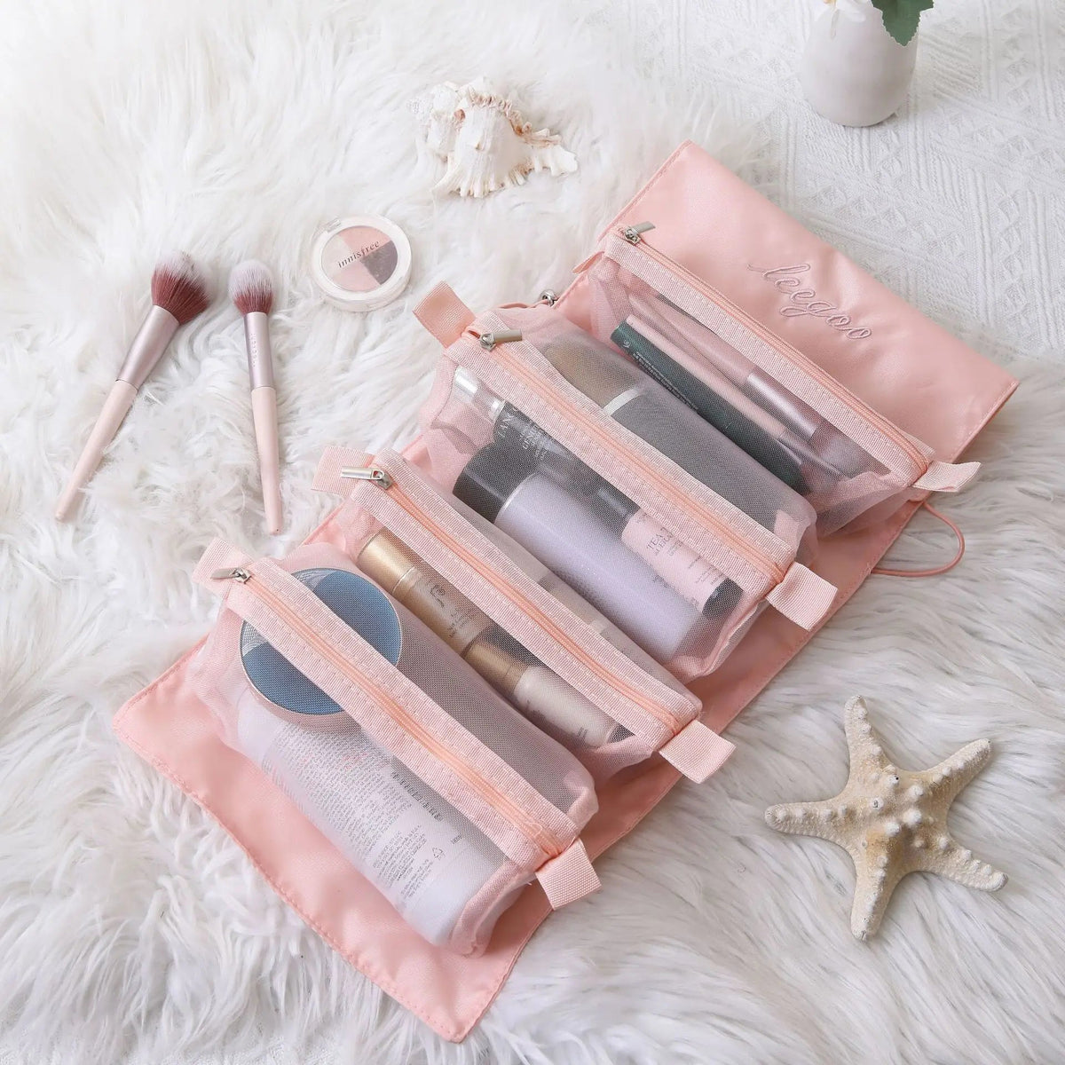4-in-1 Removable Makeup USA Bag Foldable Travel Cosmetic Organizer Waterproof Nylon Multi Pocket Toiletry Storage Bag - Ammpoure