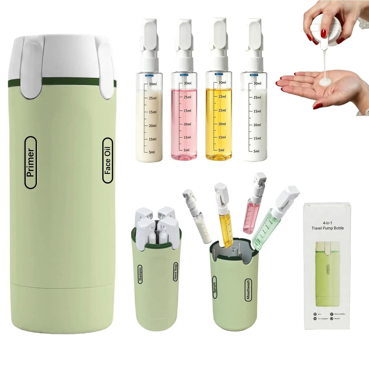 4 in 1 Travel Dispenser Portable USA Travel Bottles Leak Proof Leakproof Travel Container for Perfume Shampoo Conditioner Lotion - Ammpoure