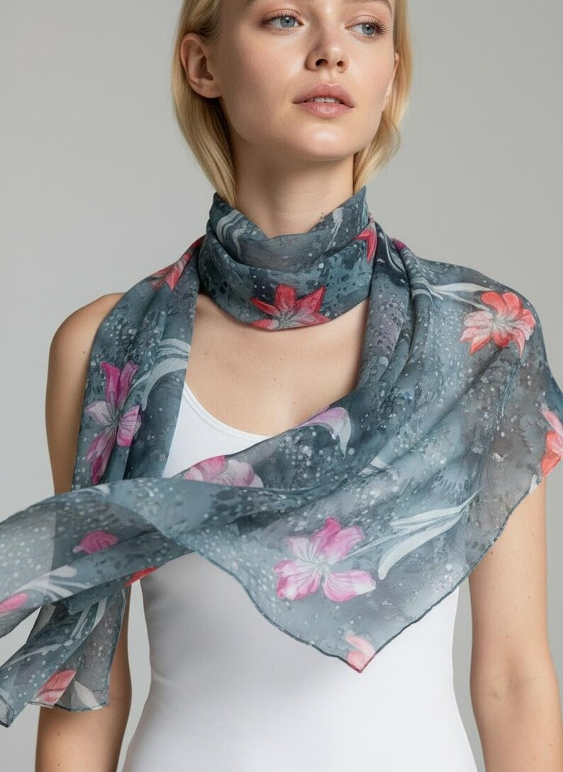 Luxury Silk Scarf, Hand Painted Teal Floral Wrap, Pink Coral Lily Womens Scarf Gift, Lightweight Elegant Scarf for Her