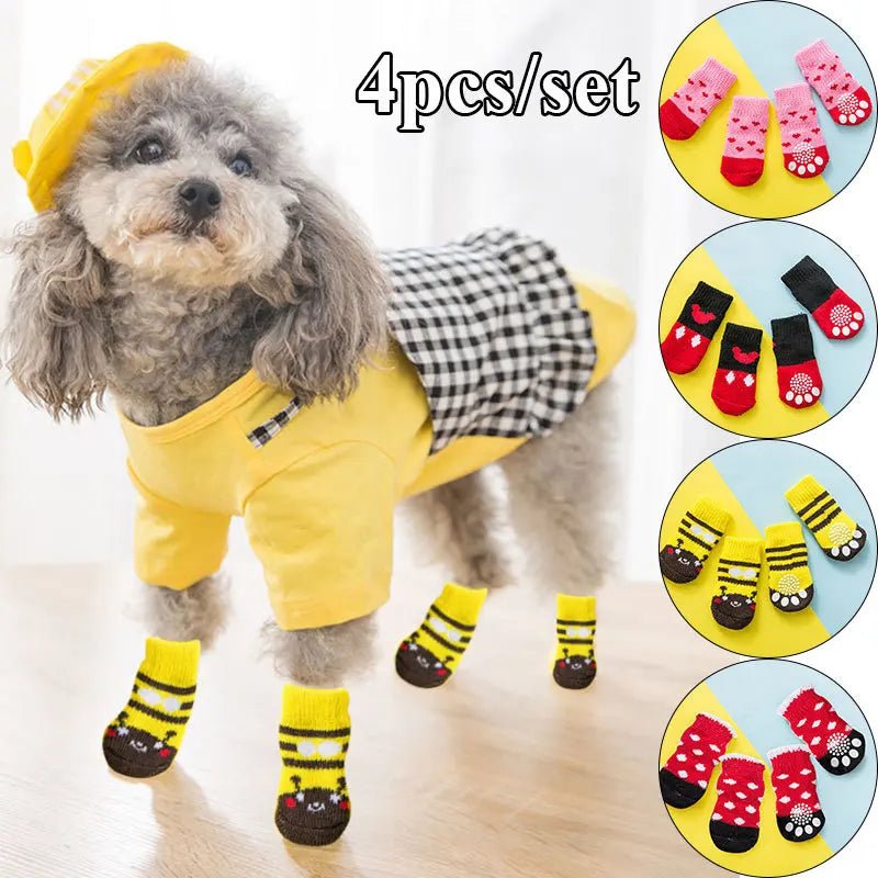 4Pcs Cute Pet Dog Socks with Print Anti - Slip Cats Puppy Shoes Paw Protector Products for Small Breeds Spitz York Dogs Chihuahua - Ammpoure Wellbeing