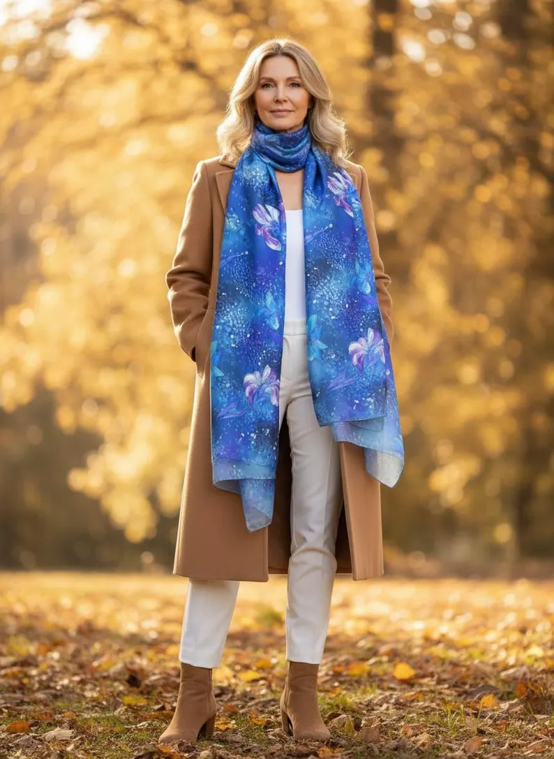 Luxury Silk Scarf, Hand Painted Blue Floral Wrap, Sheer Watercolour Womens Scarf Gift, Lightweight Elegant Scarf for Her