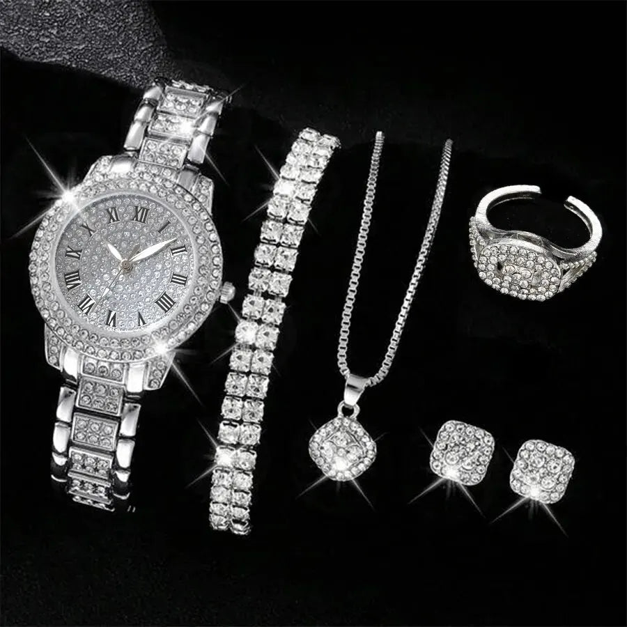 6PCS Women Watch Luxury Elegant Alloy Watch Crystal Wristwatch For Ladies Gift Quartz Watch Alloy Rhinestone Bracelet Montre - Ammpoure