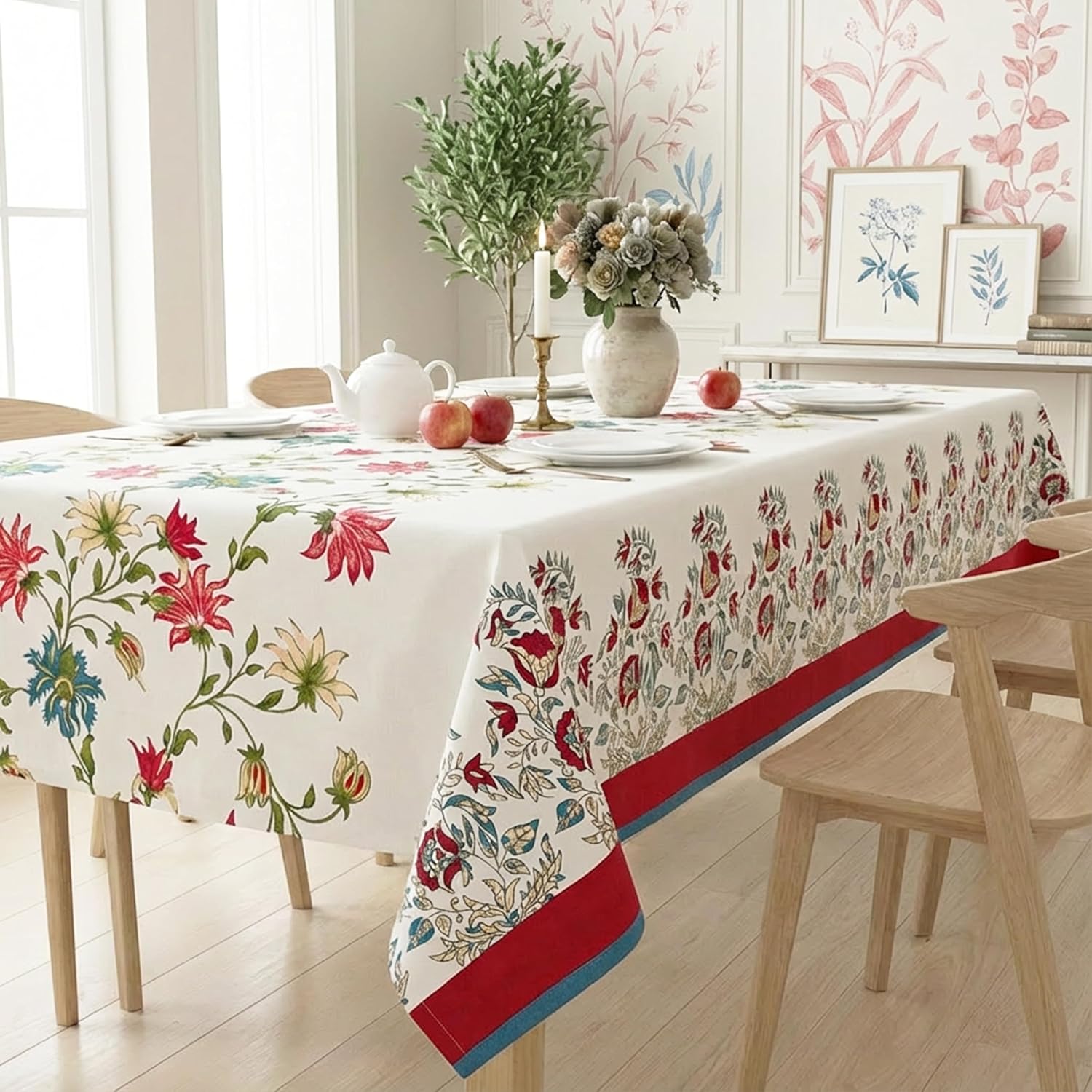 Printed Cotton Table Cloth 4 Seater Square – Dining Table Cover Cloth, Washable Table Cloth for Dining Table – 150 x 150 CM - Ivory Melody