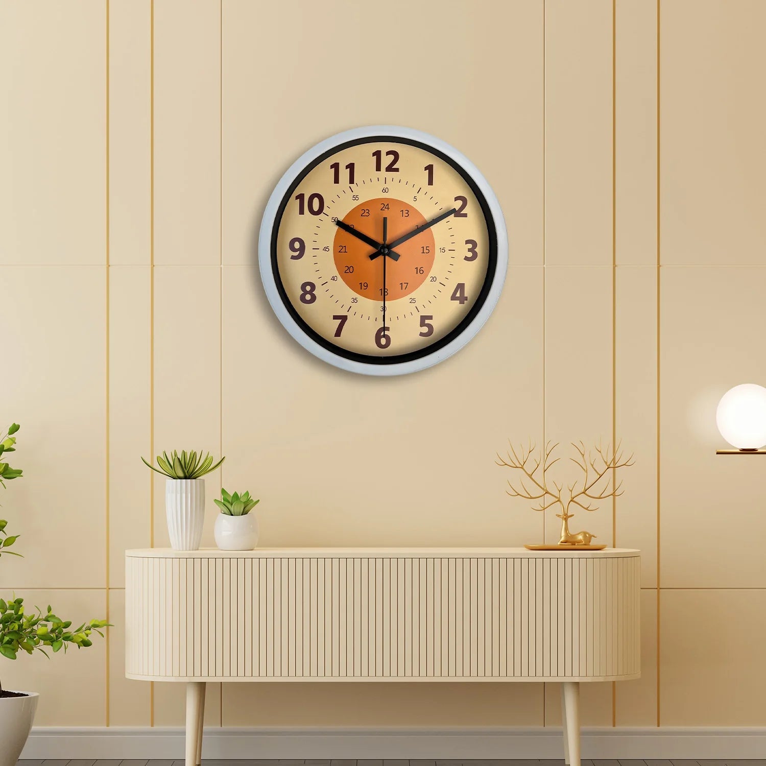 8inch Modern Simple Orange Background Pattern Plastic Glass Wall Clock Living Room Bedroom Kitchen Home Decoration Wall Clock Silent Quartz Clock Holiday Gift (No Battery) - Ammpoure