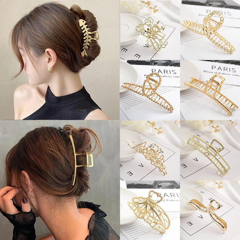 New Elegant Women Metal Hair Claw Crab Gold Hollow Hairpin Geometric Vintage Hair Clips Barrettes Headband Hair Accessories