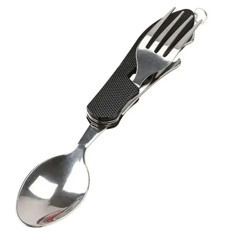 4-in-1 Foldable USA Cutlery Set, Stainless Steel Camping Utensil with Knife Fork Spoon Bottle Opener, Portable for Outdoor Travel