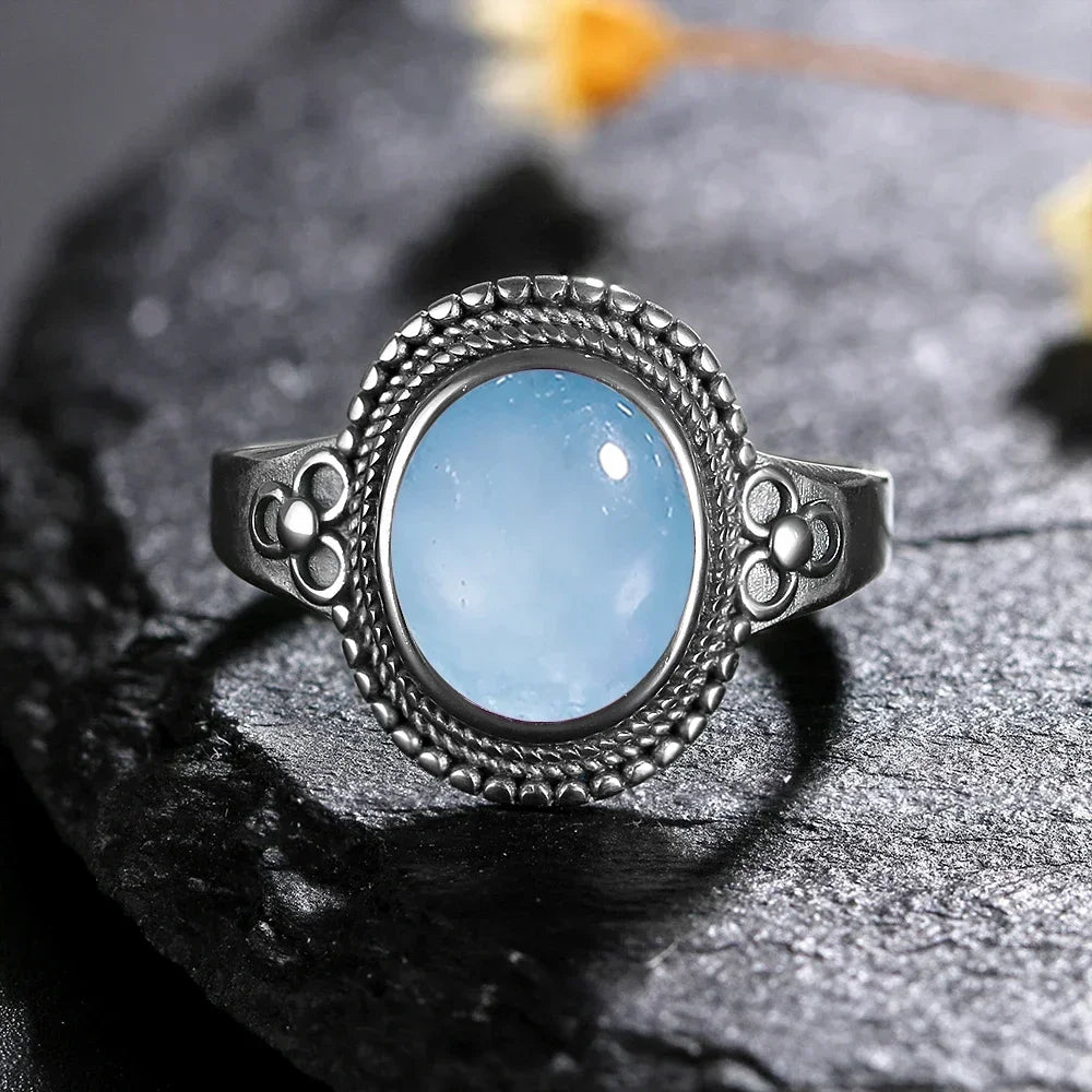 USA Sterling Silver 925 Vintage Rings Oval 8X10mm Rings Black Onyx Natural Fine Jewelry For Men Women Rhodochrosite Rings