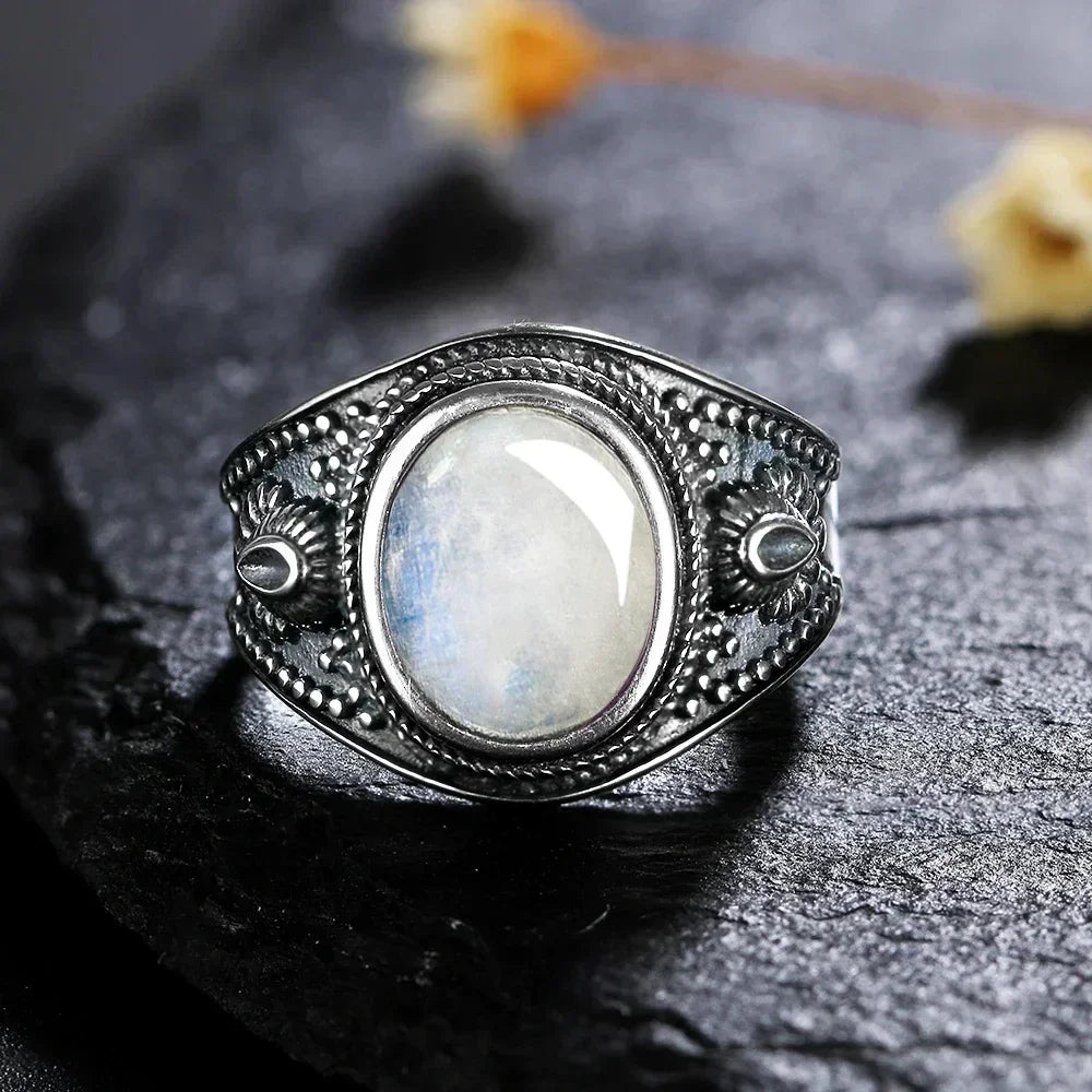 USA Sterling Silver 925 Vintage Rings Oval 8X10mm Rings Black Onyx Natural Fine Jewelry For Men Women Rhodochrosite Rings