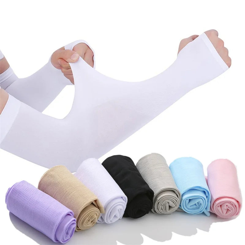 1 Pair Summer Ice Silk Arm Sleeves Canada Sun UV Protection Hand Cover Outdoor Elastic Half-Finger Gloves