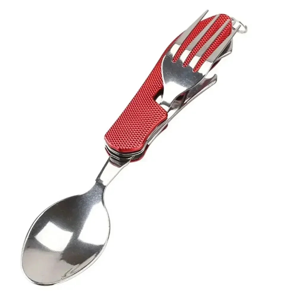 4-in-1 Foldable USA Cutlery Set, Stainless Steel Camping Utensil with Knife Fork Spoon Bottle Opener, Portable for Outdoor Travel