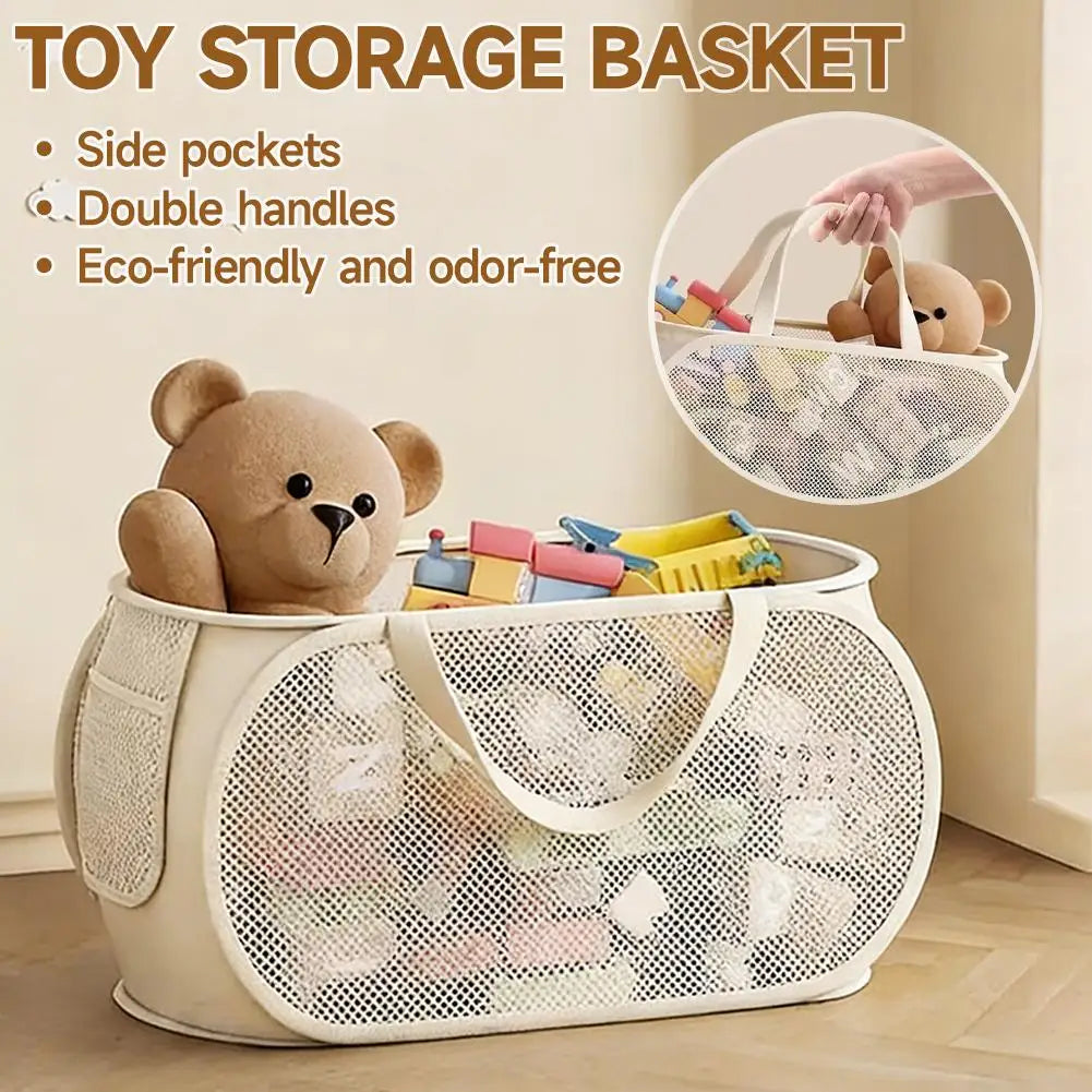 Durable Collapsible Storage Basket, Mesh Pop Up Laundry Hamper with Side Pocket,Large Toys Storage Basket Organizer Box for Kids