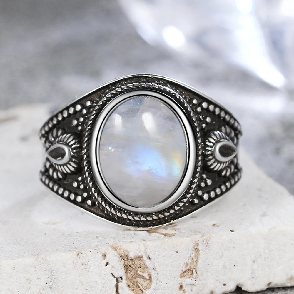 USA Sterling Silver 925 Vintage Rings Oval 8X10mm Rings Black Onyx Natural Fine Jewelry For Men Women Rhodochrosite Rings