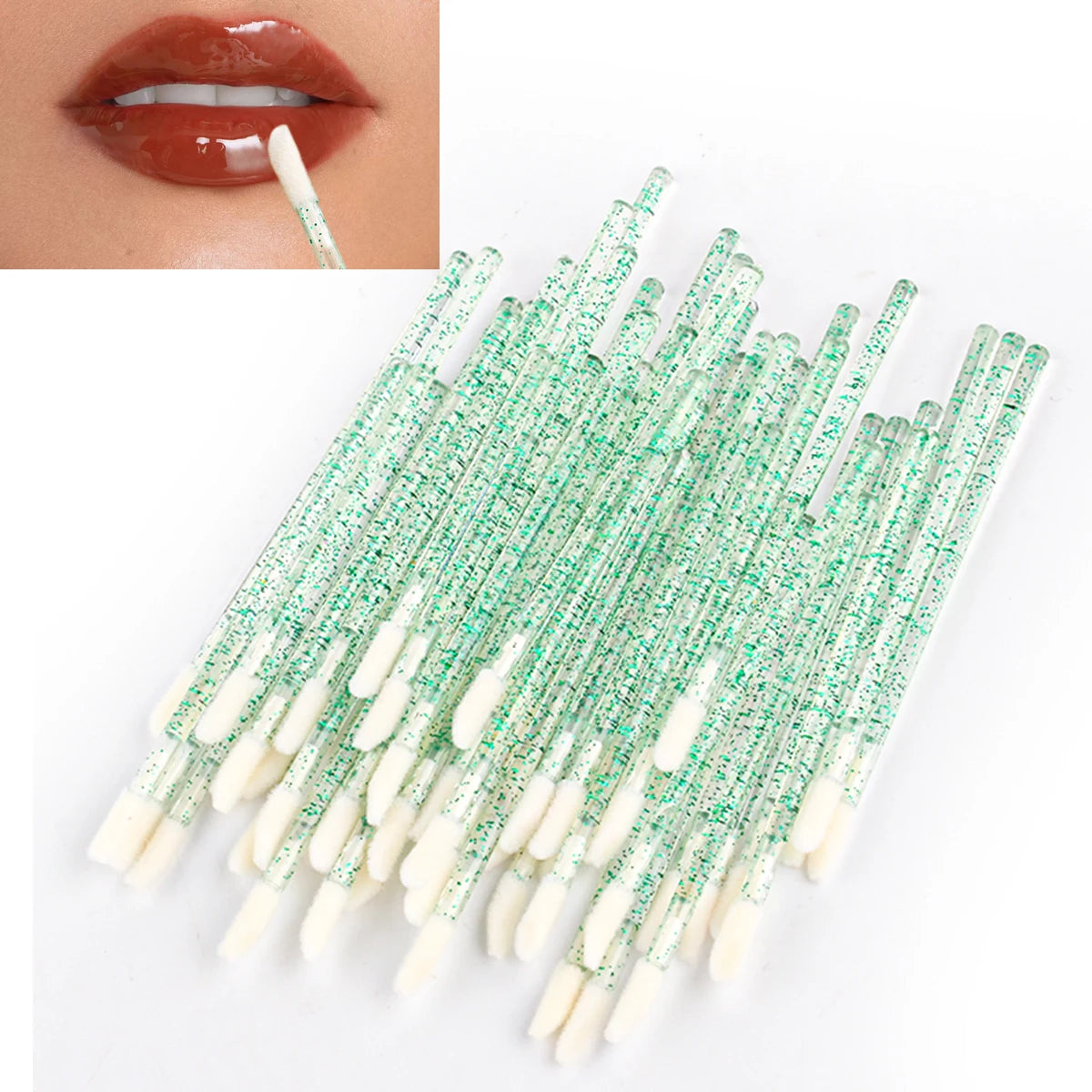 50PCS Lip Brush Set USA Crystal Eyelash Extension Brushes, Mascara Applicators & Lipstick Wands for Women’s Makeup Tools