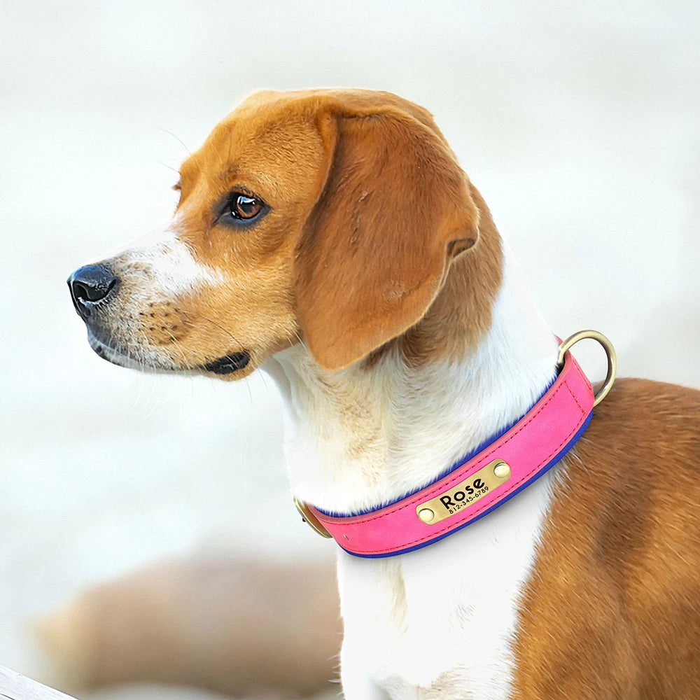 Customized PU Leather Nameplate Dog Collar Soft Padded Dogs Collars Free Engraving Name for Small Medium Large Dogs Adjustable