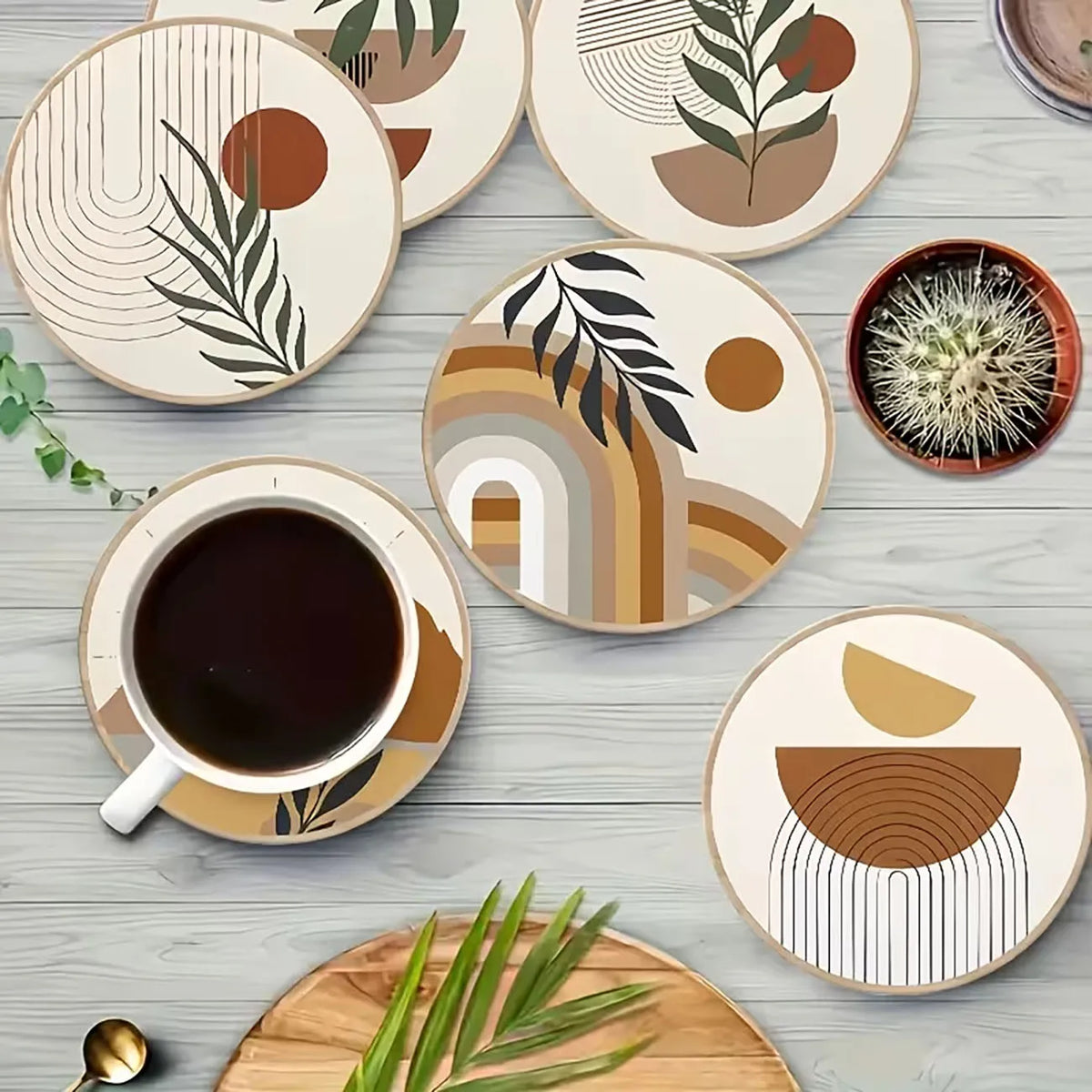 6PCS Neutral Tone Boho Wood Coasters USA Heat-Resistant Non-Slip Drink Mats for Table & Home Decor