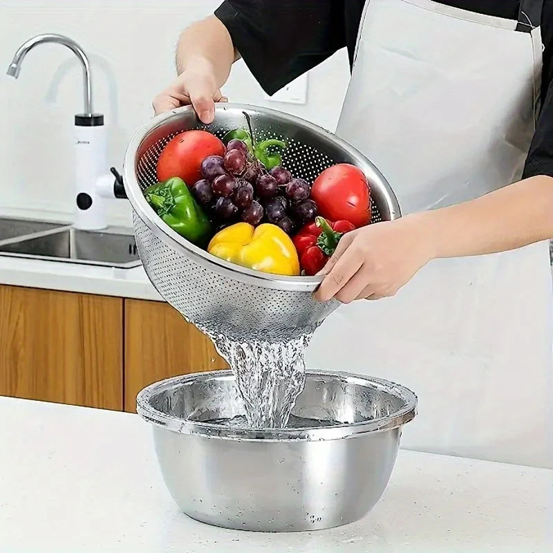 2pcs Stainless Steel Colander Set - USA Vegetable Fruit Pasta Strainer, Large Heavy Duty Filter Bowl