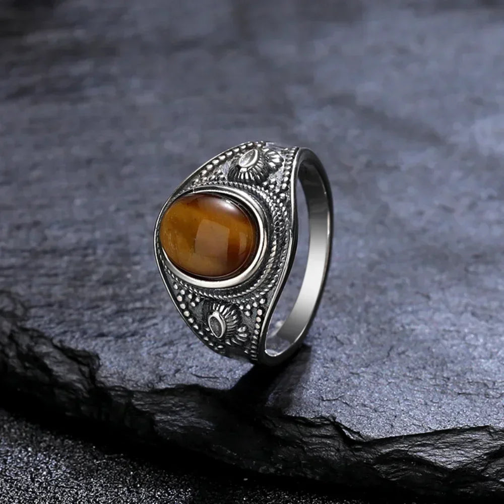 USA Sterling Silver 925 Vintage Rings Oval 8X10mm Rings Black Onyx Natural Fine Jewelry For Men Women Rhodochrosite Rings