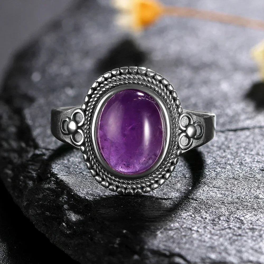 USA Sterling Silver 925 Vintage Rings Oval 8X10mm Rings Black Onyx Natural Fine Jewelry For Men Women Rhodochrosite Rings
