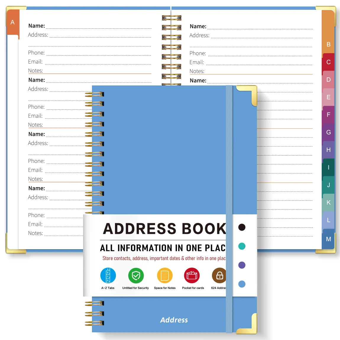 1PC Blue A5 Address Book USA Spiral Hardcover Contact Keeper with A-Z Tabs, Elastic Closure, Pocket & Notes Pages