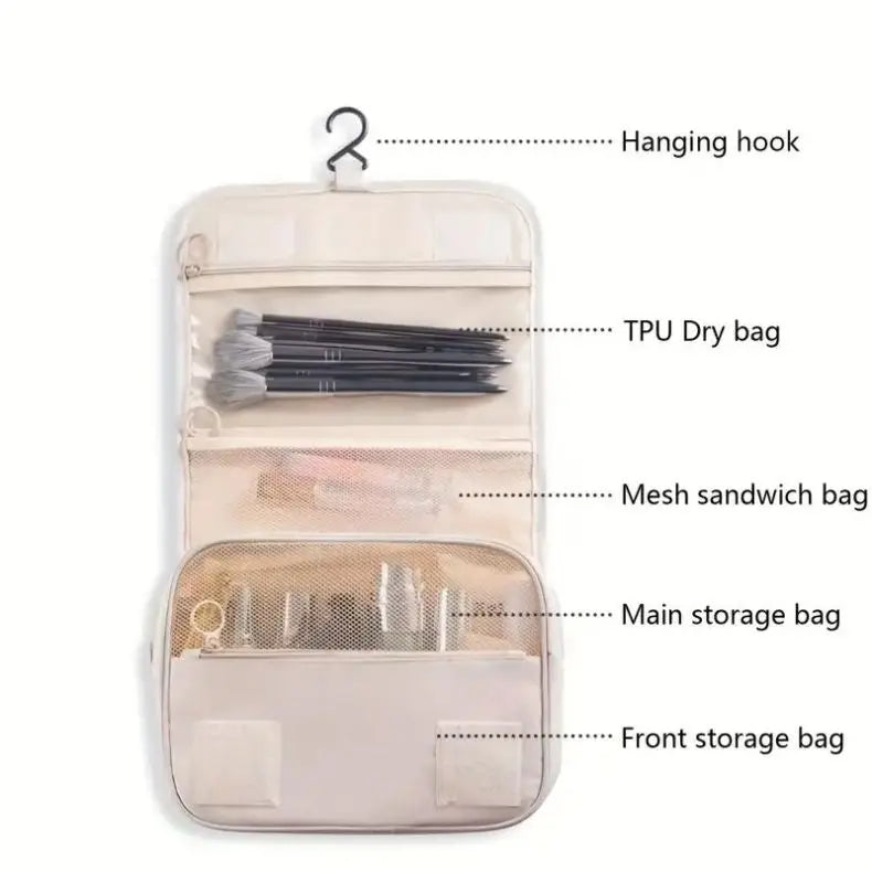 Hanging Toiletry Bag USA for Business Trips, Portable Large-Capacity Skincare & Makeup Bag with Dry-Wet Separation Folding Storage Design