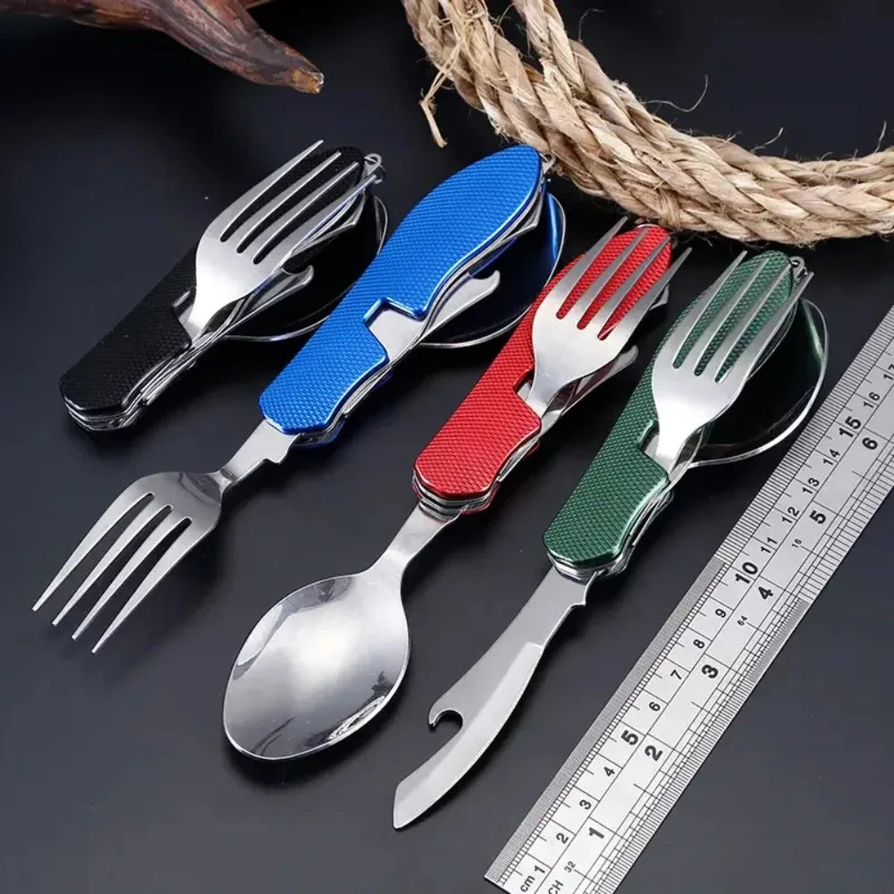 4-in-1 Foldable USA Cutlery Set, Stainless Steel Camping Utensil with Knife Fork Spoon Bottle Opener, Portable for Outdoor Travel