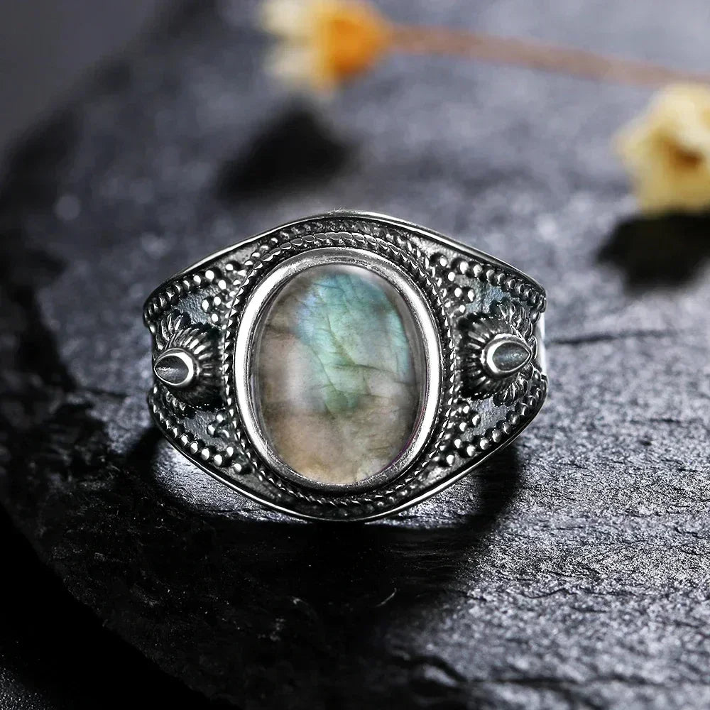 USA Sterling Silver 925 Vintage Rings Oval 8X10mm Rings Black Onyx Natural Fine Jewelry For Men Women Rhodochrosite Rings