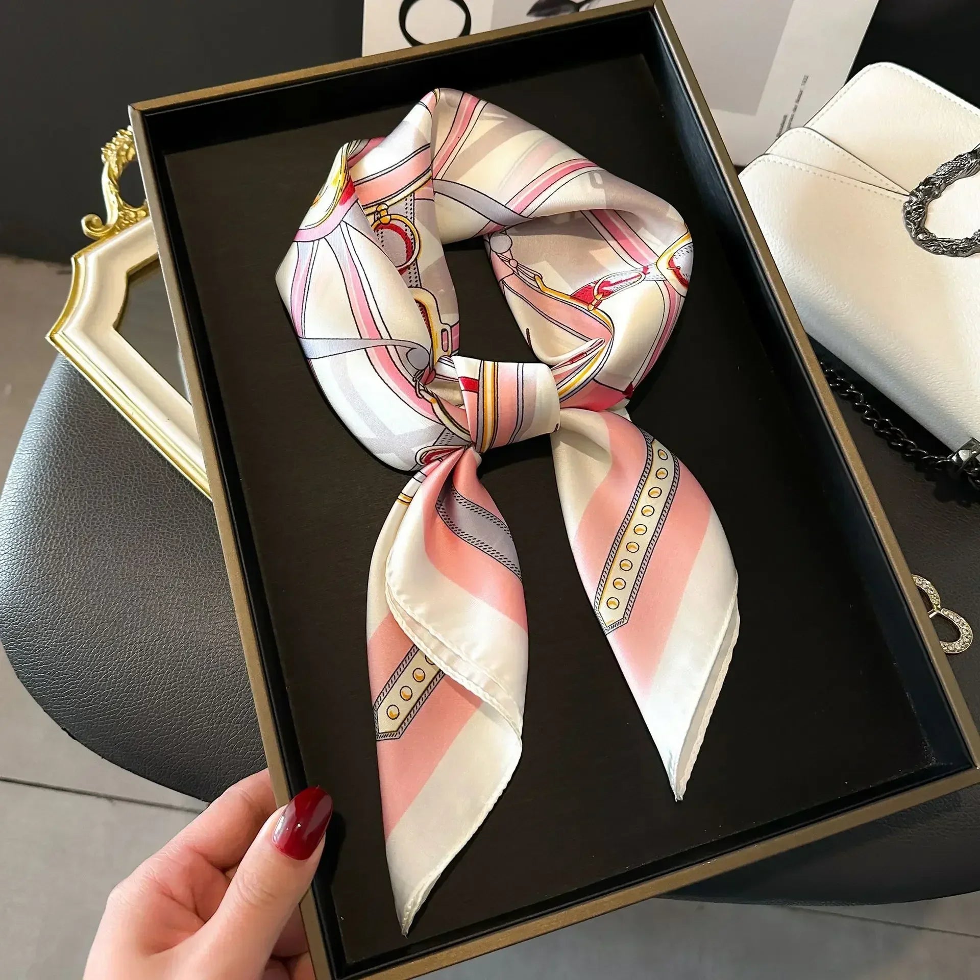 Luxury Design Print Silk Square Scarf Canada Women Soft Satin Horse Hairband Neckerchief Office Hijab Headband Foulard Bag Ribbon Gift