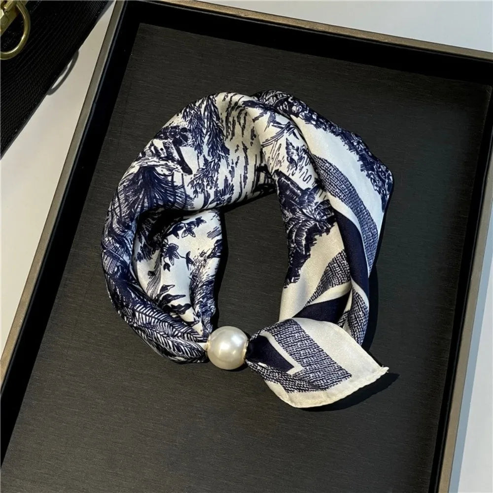 New Pearl Buckle Silk Scarf Canada Printed Thin Neck Scarf Lightweight Soft Neckerchief for Women