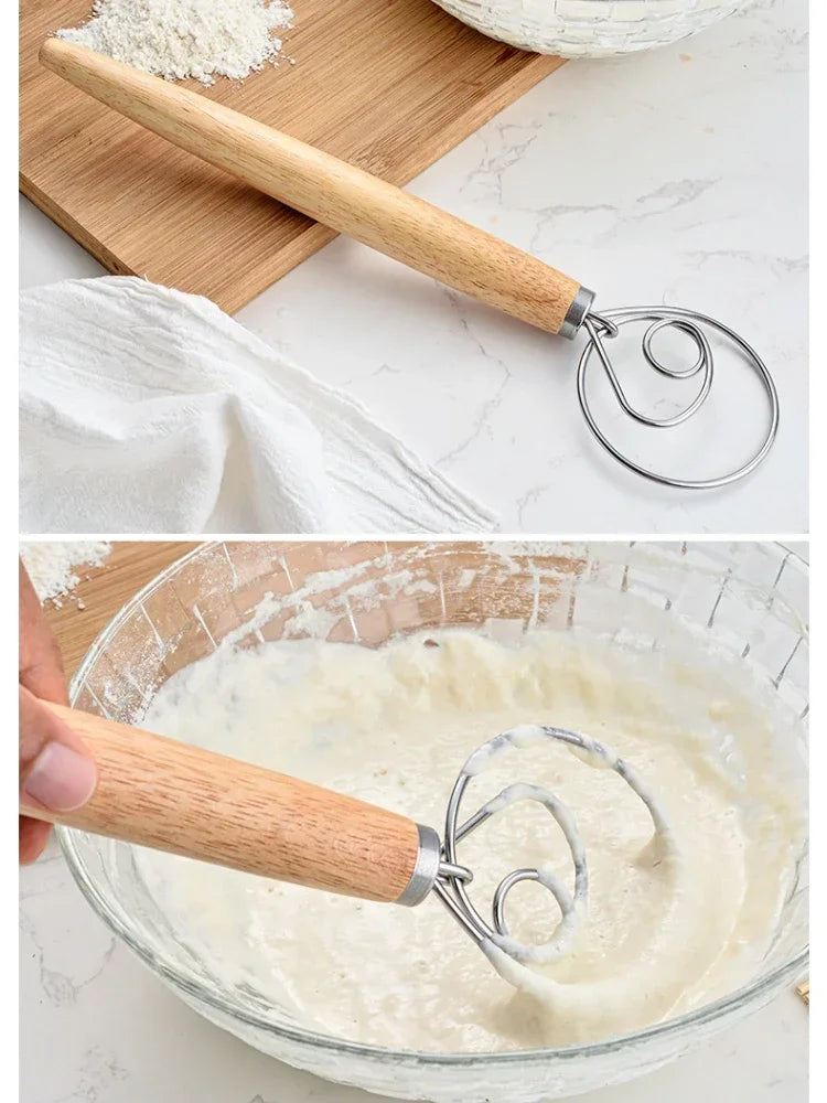 USA Cake Tools Danish Dough Whisk Stainless Steel Dutch Bread Dough Hand Mixer Wooden Handle Kitchen Baking Tools Artisian Blender