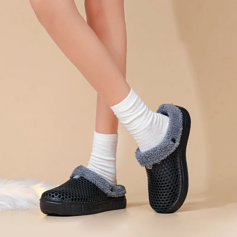 Winter Couple Fuzzy Slippers USA Women & Men Warm Fur-Lined Mule House Shoes for Indoor & Outdoor Use, Cozy Non-Slip Soft Slippers